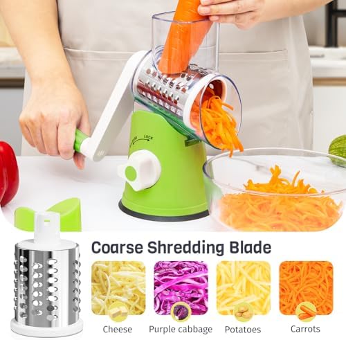 Rotary Cheese Grater Hand Crank, 3 Blades Slicer Shredder, Cheese Grater for Kitchen, Multi-Functional Kitchen Tool for Vegetables, Nuts, Chocolate, with Strong Suction Base, Green