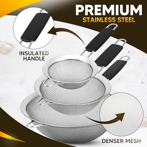 Set of 3 Fine Mesh Strainers for Kitchen | 3.4 inch, 5.5 inch and 7.9 inch Stainless Steel Strainer