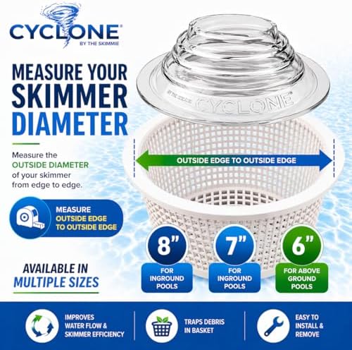The Skimmie Cyclone (Skimmer Basket NOT Included) - Turbocharges Pool Skimmer Water Flow - Improves Pool Surface Cleaning & Debris Removal - 7" Funnel Design Works with Any Pool Water Level