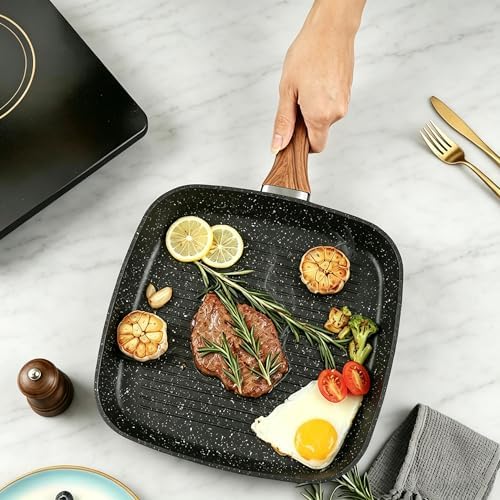 Nonstick 11 inch Square Grill Pan for Steak, Granite Coating for Gas Induction All Stovetops Compatible (9.5 X 9.5 X 1.7 inch)