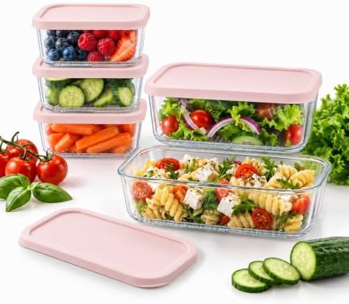 Glass Food Storage Containers with Lids - 10 Piece - 3 x 25.4 oz & 2 x 57.5 oz Glass with BPA-Free Leak Resistant Stackable Lids - Microwave, Oven & Dishwasher Safe - Ideal for Meal - Berry Blush