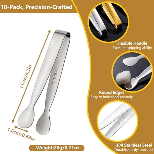 10pcs Mini Serving Tongs, 4.3" Stainless Steel Small Sugar Tongs, Ice Tongs Kitchen Mini Serving Tongs for Serving Food, Ice, Sugar Cube, Salad, Coffee Bar, Tea Party, Desserts Party (Silver)