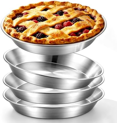 4 Pcs Deep Stainless Steel Pie Pan Set - 9.5 Inch Thickened Metal Baking Pans for Oven, Large Pizza Tray Rust Proof Reusable Bakeware for Pie, Pizza, and Baking