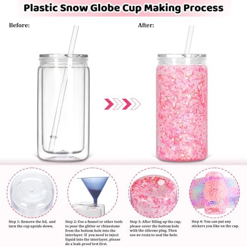 12 Pack Plastic Snow Globe Tumbler with Pre Drilled Hole, 16 Oz Double Wall Plastic Can with Lid and Straw, Mason Jar Mug for Snow Globe Glitter DIY Gift (Clear)