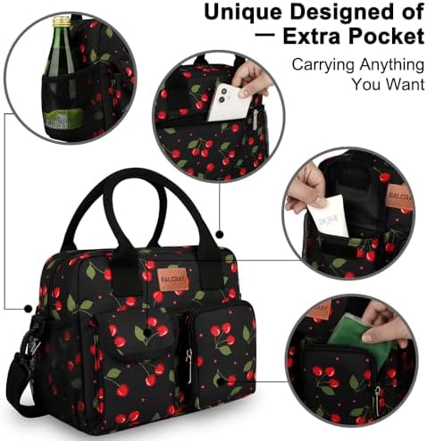 BALORAY Lunch Bag for Women Men Adult Lunch Box (Cherry with strap), L