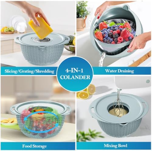 4 in 1 Colander with Mixing Bowl Set, Colander for Kitchen, Strainers and Colanders, Pasta Strainer, Fruit Cleaner, Veggie Wash, Aesthetic Kitchen Essentials - Blue