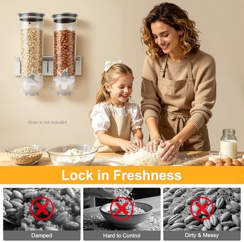 Wall Mount Dry Dispenser, 2-Bucket Cereal Dispenser with 3L/101oz Capacity for Rice, Pasta, Coffee Beans, Nuts, and Pet Snacks, Space Saving Kitchen Storage