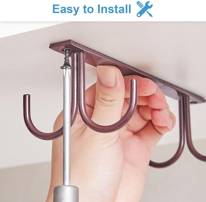 Mug Rack Under Cabinet - Coffee Cup Holder, 8 Mugs Hooks Under Shelf, Display Hanging Cups Drying Hook for Bar Kitchen Utensils Brown