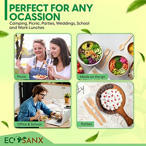 ECOSANX® 200 PCs Disposable Wooden Cutlery set 6.3" Splinter Free Compostable Utensils for party, Eco-Friendly, 100% All-Natural Bamboo Utensils set for picnic, Bamboo cutlery set for Events & More