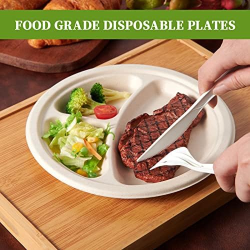 ECOLipak Compostable Disposable 3 Compartment Paper Plates, 9 inch, Nature