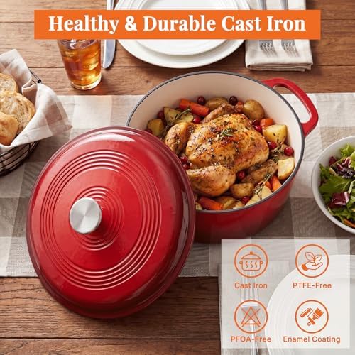 NEWBULIG Cast Iron Dutch Oven, 6 Quart Enamel Dutch Oven Pot with Lid, Heavy Duty Cookware for Sourdough Bread, Braising, Stews, Roasting, Safe up to 500°F, Red