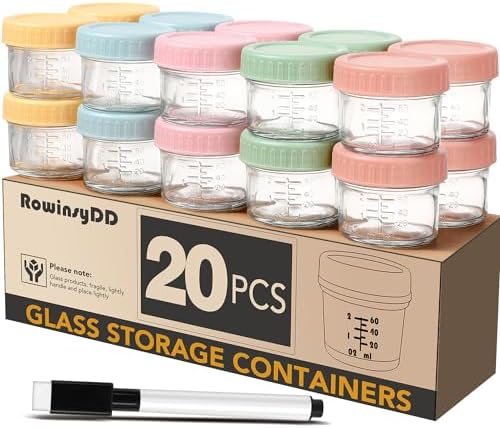 RowinsyDD 20 Pack Baby Food Containers, 4 oz Glass Baby Food Jars with Lids
