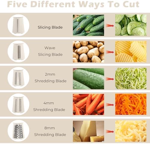 5 in 1 Rotary Cheese Grater, Beige Hand Crank Vegetable Cutter with 5 Stainless Steel Interchangeable Blades, Mandoline Slicer for Potatoes Onions Veggies Nuts
