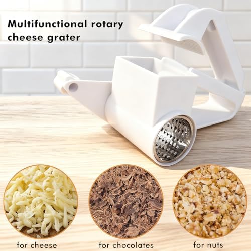 Rotary Cheese Grater with Handle, Handheld Cheese Grater with 2 Stainless Steel Drums for Cheese Nuts Chocolates Vegetables, Includes Extra Handle