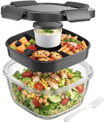 Canfanni Glass Salad Container, 56oz Bowl with Airtight Lids, Bento Box