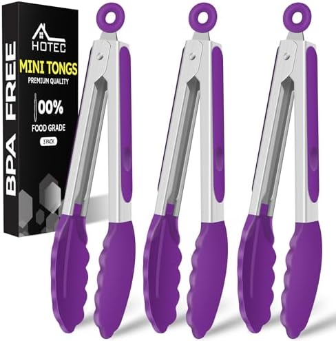 HOTEC Small Silicone Kitchen Tongs 7-Inch Mini Serving Tongs, Set of 3