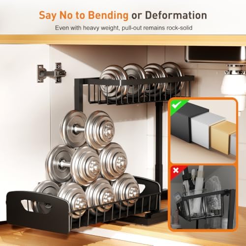 Under Kitchen Sink Organizer, Metal Pull Out Bathroom Organizers and Storage, 2-Tier Cabinet Organizer Shelf with Sliding Drawer, Home Organization for Kitchen, Laundry, Pantry, Black, 2 pack