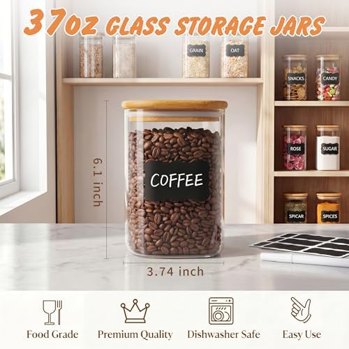 SENTVEND 37 Oz Glass Jars - 6 Pack Food Storage Containers with Lids Square