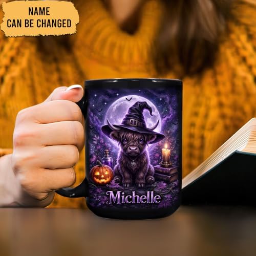 Hyturtle Halloween Highland Cow Mug, Custom Name Gift for Women