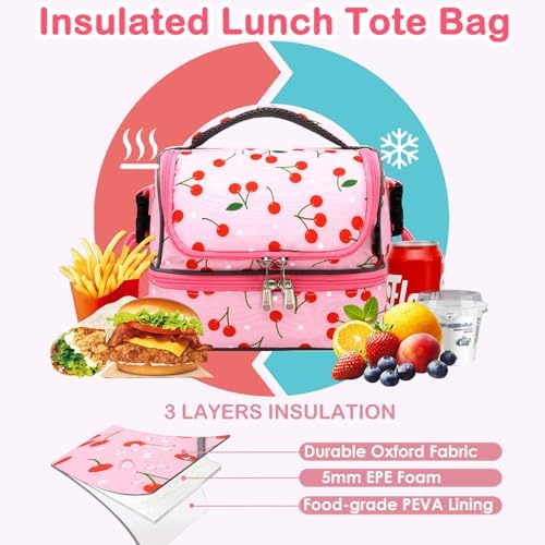 FlowFly Kids Double Decker Cooler Insulated Lunch Bag Large Tote for Boys, Girls, Men, Women, With Adjustable Strap, Cherry