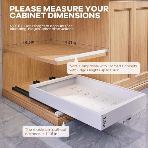 Seinloes 4 Pack Expandable (9"-14") Pull Out Cabinet Organizer 21" Deep With Raising Pad for Framed Cabinets,Upgrade 3 Slide Rails Slide Out Drawers,No Drill Roll Out Shelves Adhesive,White