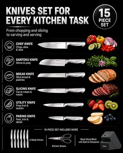 Astercook Knife Set 15 Piece German Steel Kitchen Knife Block Set