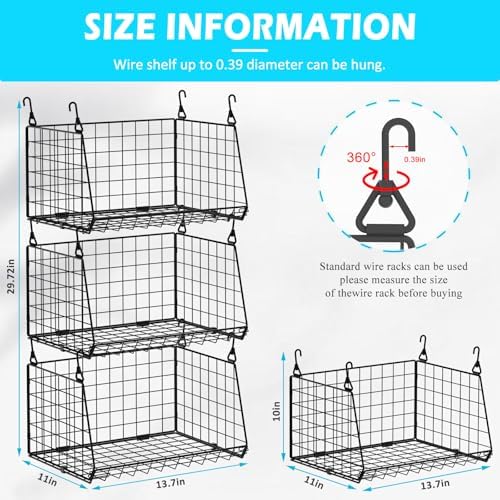 3-Pack Hanging Laundry Room Organizaton：Foldable Laundry Basket Wire Basket with 360°Rotating Hooks Small Space Organization Over Washer and Dryer Shelves - Hanging Closet Organizer, Black Patent