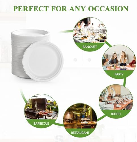 Vplus 350 Pack Compostable Bagasse Paper Plates 6.9 inch, White