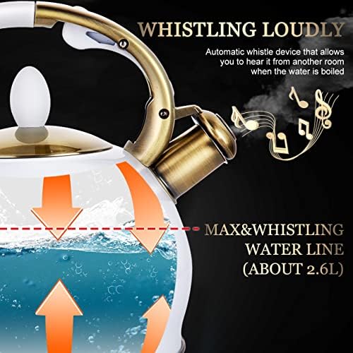 SUSTEAS Whistling Tea Kettle, 2.7QT Food-Grade Steel Teapot, WHITE