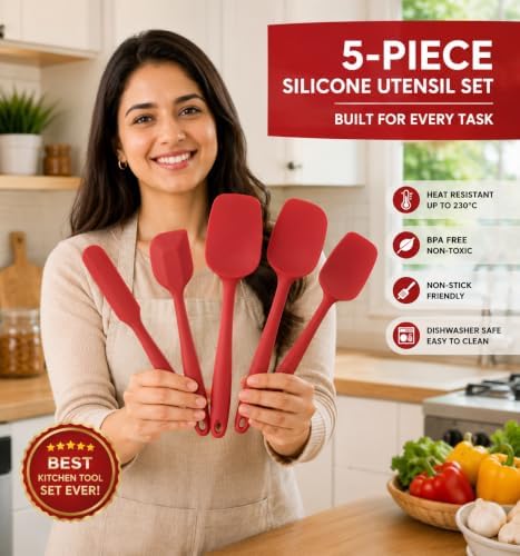 5 Piece Silicone Spatula Set, Heat Resistant up to 446°F, BPA-Free One-Piece Kitchen Rubber Spatula Set for Cooking, Baking, Mixing & Scraping, Nonstick Cookware Safe, Dishwasher Safe, Red