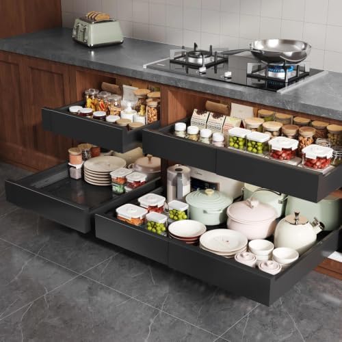 Seinloes 4 Pack Pull Out Cabinet Organizer Expandable Width(15"-25") and Depth(17"-24"),Slide Out Drawers With Raising Pad for Framed Cabinets,No Drill Roll Out Shelves for Kitchen,Bathroom,Black