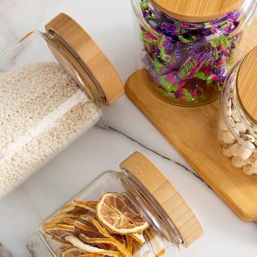 3 Pack 480 ml / 16 oz clear cute glass storage canister holder with airtight bamboo lid, modern decorative small container jar for coffee, spice, candy, salt, cookie, condiment, pepper, sugar