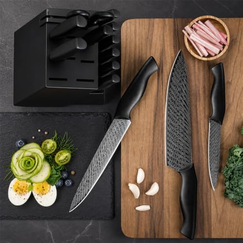 Amorston Knife Set, 15-Piece Kitchen Knife Set with Built-in Sharpener Block, German High-Carbon Stainless Steel, Dishwasher Safe, for Home Cooks and Everyday Meal Prep