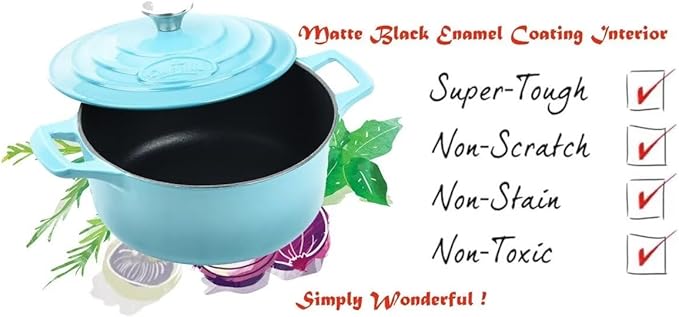 La Cuisine Enameled Cast Iron Dutch Oven Casserole Dish Pot with Lid, 5 QT 10.2" /26cm Dia. Internal Matt Black Enamel Coating for bread baking,Teal Enamel Finish Exterior, Oven Safe up to 500° F
