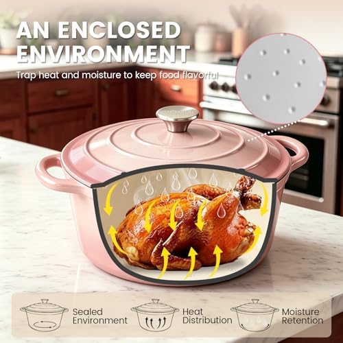5 Qt Enameled Cast Iron Dutch Oven with Lid, Pink