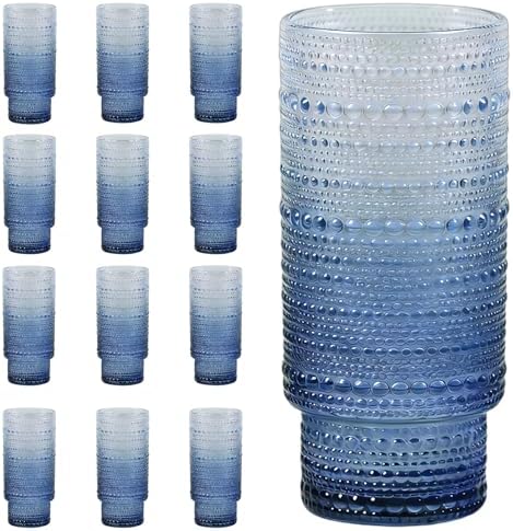 Large Capacity 16 oz Hobnail Drinking Glasses Set of 12, Vintage Glassware Drinking Glasses, Gray-blue Water Glasses Tumbler, Cups for Kitchen, Juice, Beer, Cocktail, Whiskey