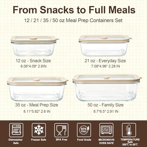 Multi-Size Glass Food Storage Containers with Glass Lids, 4 Pack
