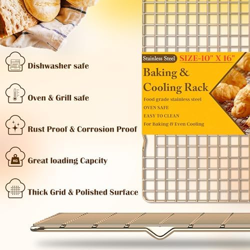 2 PCS Cooling Racks for Cooking and Baking, 10" x 16", Gold