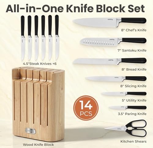 SMIRLY 14-Piece Kitchen Knife Set with Block, Razor-Sharp, Black