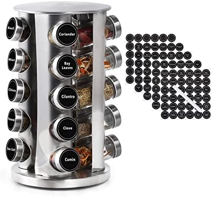 DOUBLE 2 C Revolving Spice Rack with 20 Jars, Rotating Spice Rack Organizer, Seasoning Organizer with Labels, Stainless Steel Spice Carousel for Kitchen Countertop, Cabinet