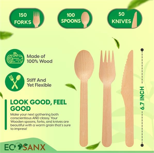 ECOSANX® 300 PCs Disposable Wooden Cutlery set 6.3" Splinter Free Compostable Utensils for party, Eco-Friendly, 100% All-Natural Bamboo Utensils set for picnic, Bamboo cutlery set for Events & More