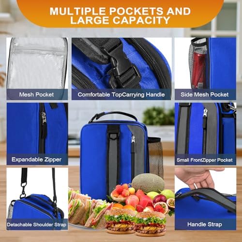 Expandable Lunch Box Insulated Lunch bag for Men Teen Kids Boys Adult Portable Stylish Double-Capacity Lunchbox Special Design for Working Office school Picnic (Blue(Expandable 10L))