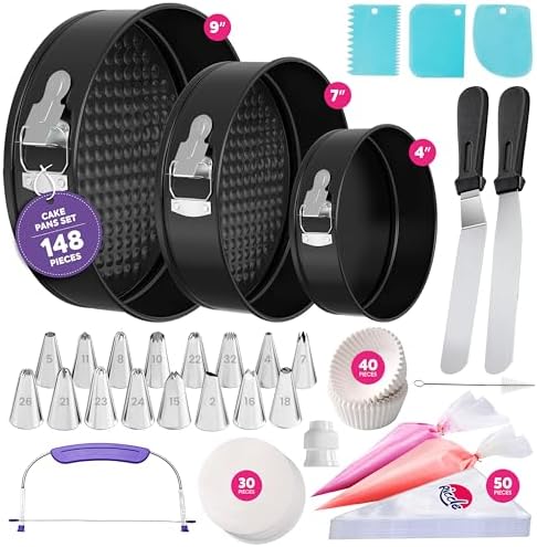 Riccle 148PCs Cake Pan Set for Baking, 3 Non-Stick Springform Pan Set (4, 7, 9 Inches), Cake Decorating Kit, Piping Bags and Tips Set, Cake Leveler, Multi-functional Leak-Proof CheeseCake Pan (148)