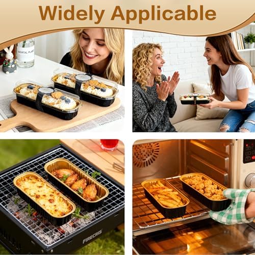 100 Pack Mini Cake Pans with Lids and Spoons, Mini Loaf Baking Pans 6.8oz, Small Disposable Aluminum Foil Loaf Pans, Rectangular Baking Container for Party and Picnics, Cheesecake Pan (Black)