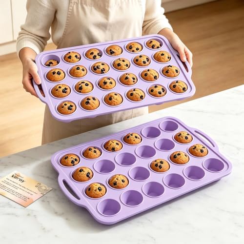 Purple Mini Silicone Muffin Molds: 2 Pack 24 Small Cupcake Mold for Baking