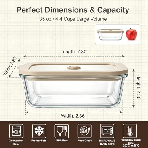 35 oz Glass Food Storage Containers with Glass Lids, 5 Pack, Airtight