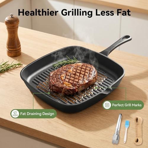 Cast Iron Grill Pan, 9.5" Square Griddle Skillet with Pour Spout, Oven Safe