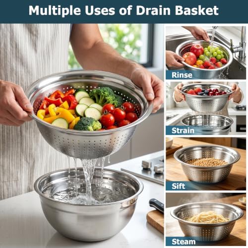 Stainless Steel Mixing Bowl Set with Lids, Non-Slip Silicone Base