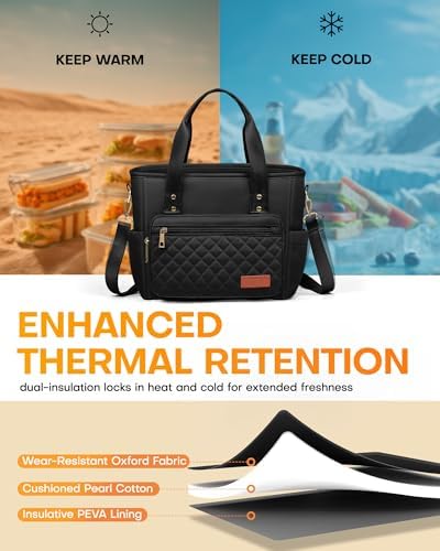HOTOR Lunch Box Women Insulated Tote Bag Multiple Pockets Black