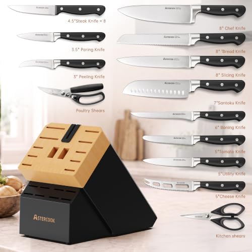 Astercook Kitchen Knife Set Full Tang with Block and Sharpener Elegant